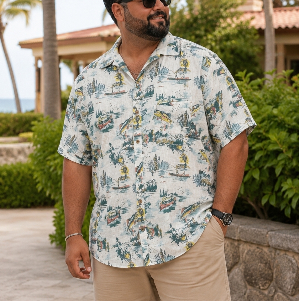Eddie Bauer Men’s 2XL Linen Blend Button Down Shirt White Green Print NWT